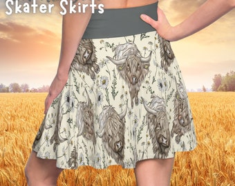 Sketch Highland Cow Women's Skater Skirt Gift for Farmers Daughter Farmers Wife Country Skirt Pattern Popular Pattern Church Sunday Skirt