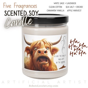 The Smell of Bullshi* in the morning Highland Cow Joke Scented Soy Candle, 9oz, several scents