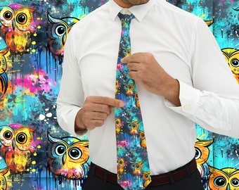Grunge Owl Pattern Necktie Gift for Artist Colorful Tie Present for Hippster Owl Lover Gift Exchange Silky Smooth Tie Young Entrepreneur