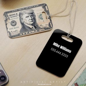 DOGE Trump Bucks Luggage Tags | Dollar Bill Spoof Featuring President Trump on Rebate