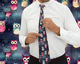 Street Grunge Owl Pattern Necktie Gift for Artist Colorful Tie Present Hippster Owl Lover Gift Exchange Silky Smooth Tie Young Entrepreneur