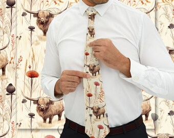 Grunge Highland Cow Pattern Necktie