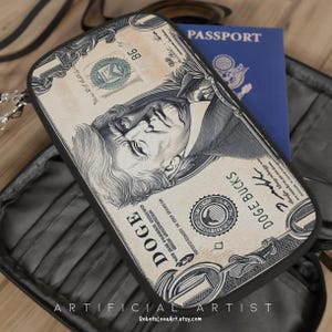 Passport Wallet, Doge Buck President Trump on 5 Thousand Dollar Bill, Funny Travel Accessory, Novelty Currency Organizer, Gift for