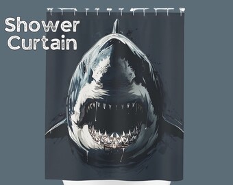 Grote witte aanval douchegordijn badmeester cadeau sarcastische badkamer decor voor duiker zwemmer poolhouse haai thema voor surfer