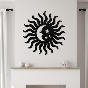 Metalen zon muurkunst, zon wassende maan en sterren decor, boho Sunshine Art, zonnestraalbord, gekke grillige spiraalzon, grote metalen muurkunst