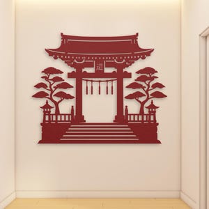 Japanese Torii Shrine Sign, Torii Gate Metal Wall Art, Red Japanese Gate, Bonsai Tree Wall Decor, Asian Wall Art, Japanese Metal Wall Decor