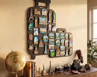 May include: A black wall-mounted display board shaped like two overlapping suitcases, featuring numerous colourful travel magnets and souvenir plaques from various global cities and landmarks, including London, Tokyo, Sydney, and Dubai.