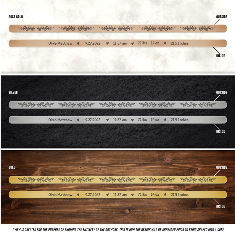May include: Three metal cuff bracelets in rose gold, silver, and gold with a leafy design and the text "Olivia Matthew 9.27.2022 11:37 am 71 lbs 14 oz 21.5 Inches" engraved on each.