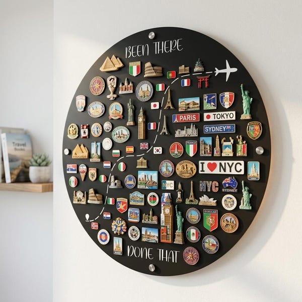 Reismagneetbord, metalen bord, aangepast bord voor reismagneten aandenken, groot displaybord, decor reisthema, reisgeheugencadeau