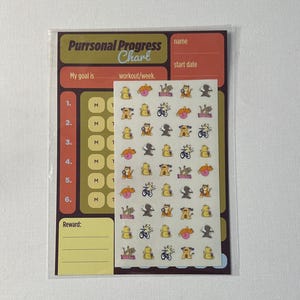 Cat Themed Workout Habit Tracker Chart | Sticker Set | Cute Daily Fitness Progress Board | A5 Printed Goal Planner Sheet