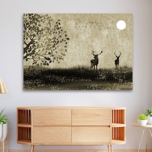 Vintage herten-oliecanvasschilderij | Abstracte hertenmuurkunst op canvas | Landschapsschilderij grote muur voor woondecoratie