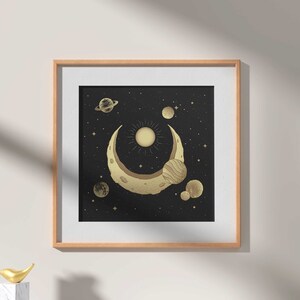 Sun Moon Celestial Wall Painting, Vastu Canvas Painting, Tarot Planet Home Decor, Cosmic Spiritual Wall Hanging for Bedroom or Living Room