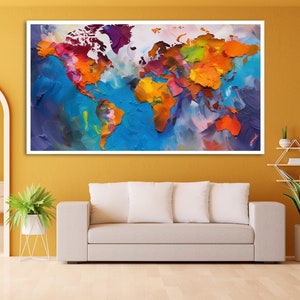 Large colorful world map wall art World map wall painting for living room decor Wooden Premium Canvas Painting image 1