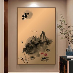 Pittura cinese - pittura di montagna con paesaggi naturali cinesi, arte murale cinese, arte dell&#39;inchiostro cinese, pittura su tela con paesaggi asiatici