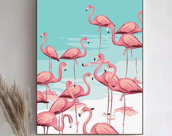 Arte en lienzo de flamencos en acuarela, decoración de pared tropical