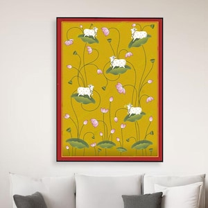 Indian Pichwai, Indian Art Pichwai Sacred Cow Wall Painting with Lotus, ethnic Art Home Decor, Cow Lotus Wall Art for Living Room Decor