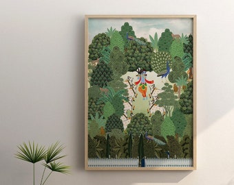 Lord Krishna Pichwai Painting Wall decor Handmade Forest Scene Home Decor Painting, Wall Hanging