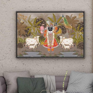 Lord Krishna Pichwai Painting, Sacred Cow Forest Scene Wall Art, Indian Spiritual Wall Decor, Traditional Krishna Canvas for Home & Temple