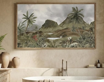 Tropical Mountain Landscape Wall Art, Palm Tree Canvas, Neutral Jungle Decor, Exotic Nature Mural