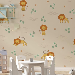 Kids Room Wallpaper Cute Baby Lion  Wall Decor | Kids room premium aesthetic wallpaper |   Boho Style Artwork |  Home decor Kids Wall Decor
