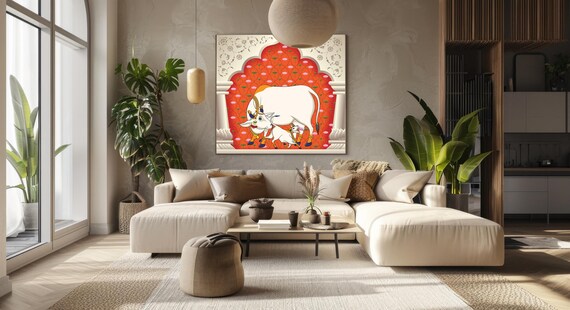 Pichwai Kamdhenu Cow Painting – Indian Sacred Art with Lotus, Spiritual Diwali Wall Decor