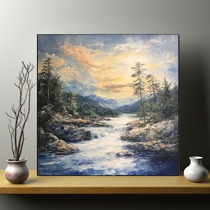 Mountain River Watercolor Painting: Serene Landscape Art