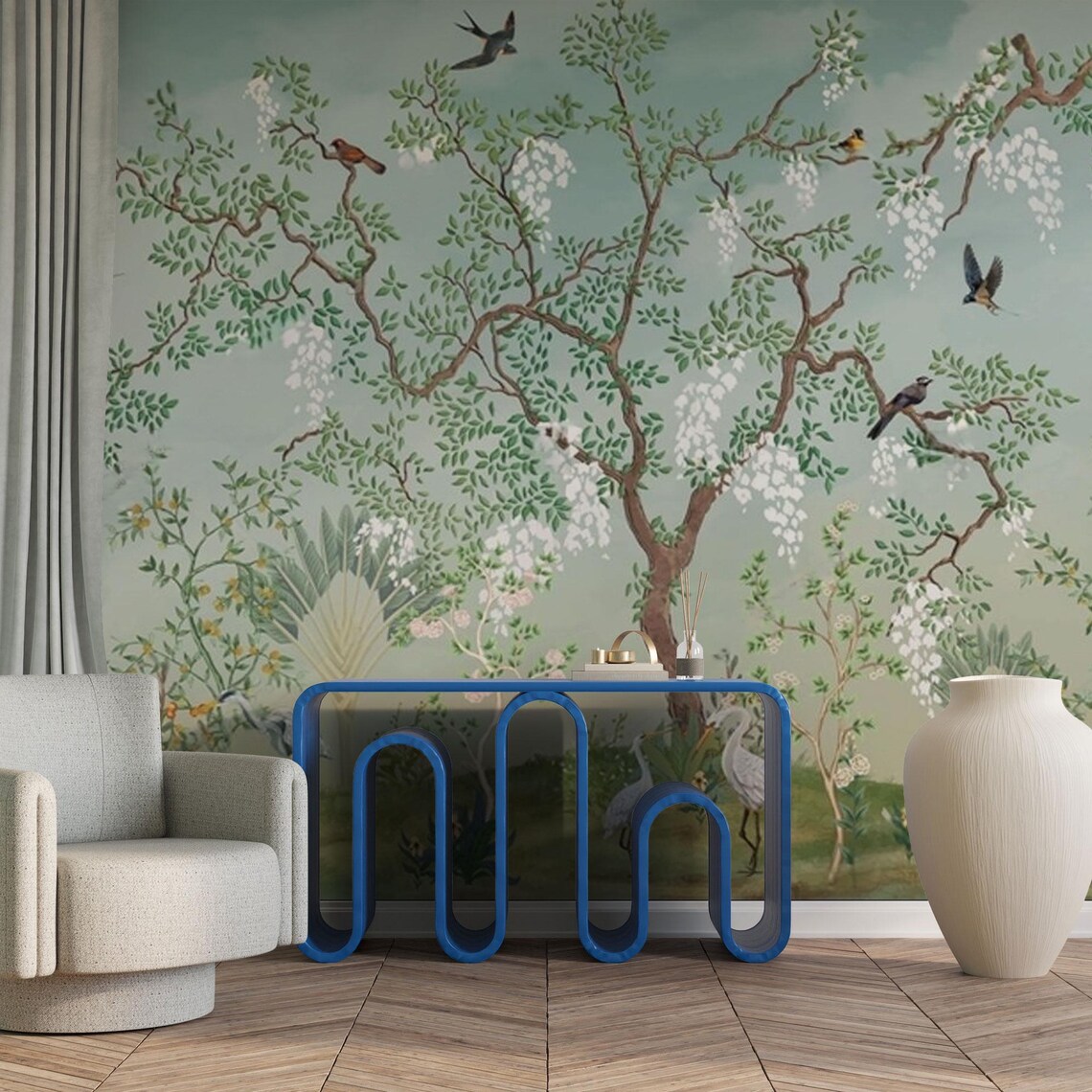 Chinoiserie Bird and Floral Tree Wallpaper Mural, Removable Wall Art - Etsy