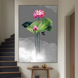 Elegant Lotus Flowers Canvas Painting, Serene Pink Floral Art with Green Leaves, Zen Home Decor Gift Idea , Pink lotus monochrome background