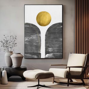 Minimalist Abstract Sun canvas painting for modern interiors, gold circle black arch modern wall art, luxury abstract gold sun wall painting