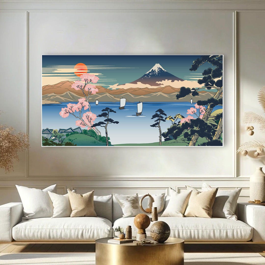 Mount Fuji Canvas Painting | Japanese Landscape Wall Art With Cherry ...