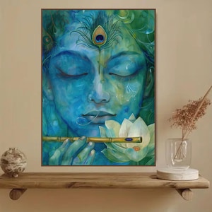 Krishna Playing Flute Wall Art, Lord Krishna Canvas wall painting, Lotus & Flute Krishna Artwork for pooja room, living room, home decor