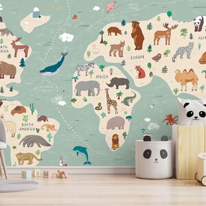 Abenteuer Tiere Weltkarte Kinder Wallpaper | Süße Art Kinderzimmer Tapete | Spaß und einfache Kinderzimmer Tierwanddekor | Kinder Dekor