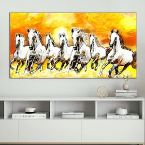Vastu Malerei weiß 7 Pferde, Sonnenuntergang Pferd Leinwand Wandkunst, fertig zum Aufhängen, spirituelles Dekor, Luxus Wandmalerei für Zuhause und Büro