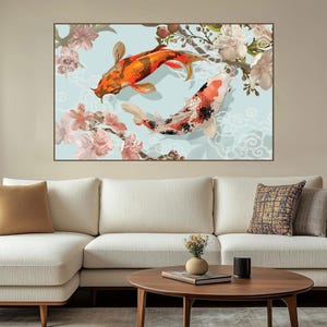Pintura de peces koi, arte mural japonés, decoración zen para el hogar, lienzo colorido de carpas koi, obra de arte de peces Feng Shui, tapiz para sala de estar