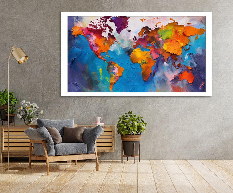 Large colorful world map wall art World map wall painting for living room decor Wooden Premium Canvas Painting image 6