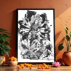 Maa Durga Canvas Wall Art, Mahishasur mardini hindu warrior goddess, spiritual wall decor, navratri canvas painting, temple, home decor