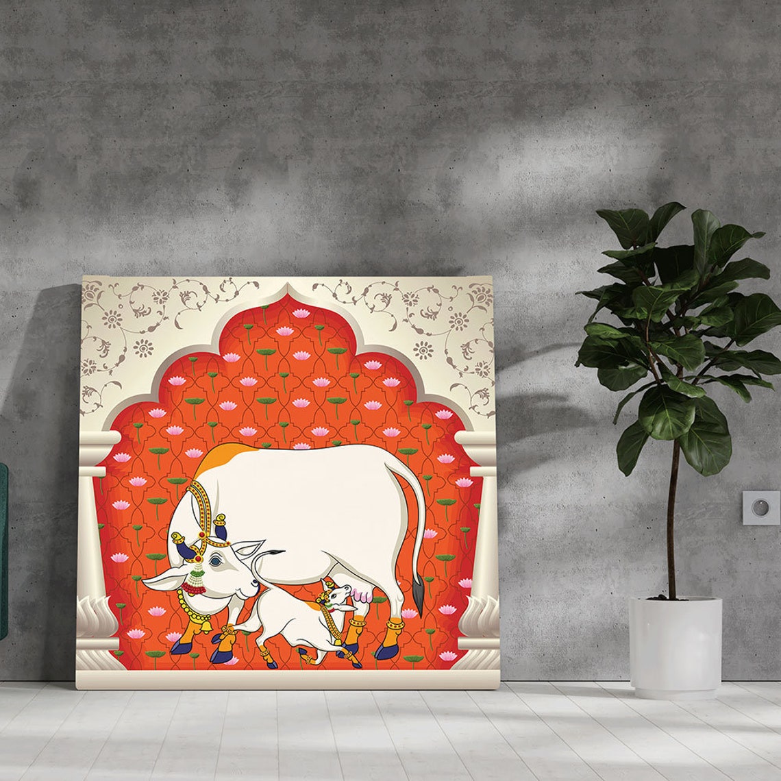 Indian Sacred Cow Pichwai Painting Home Decor Wall Art Large