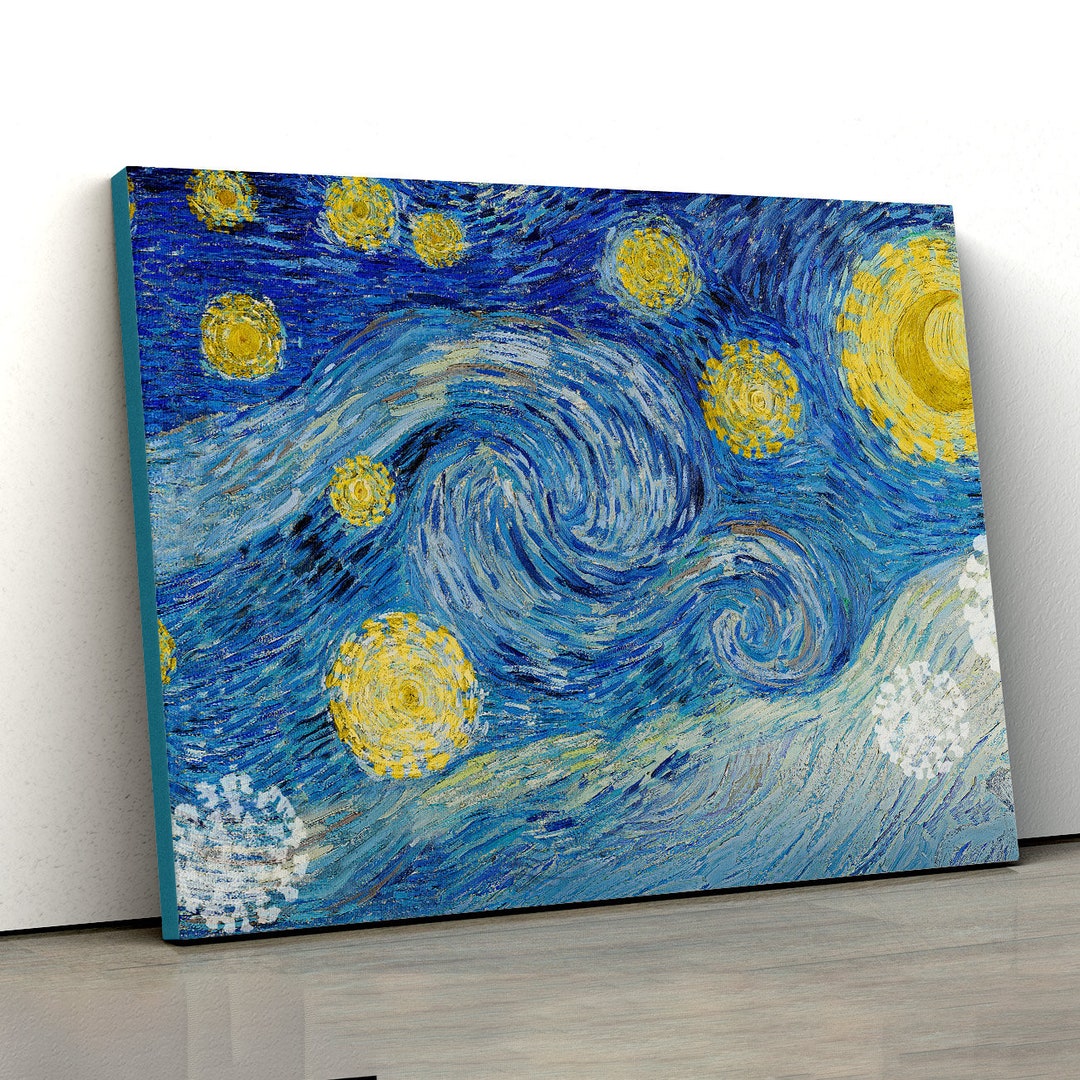 Starry Night Inspired Wall Art – Blue & Gold Abstract Sky Painting for ...