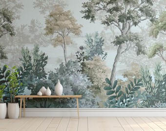 Papel pintado vintage para jardín: pintura de árboles verdes, decoración autoadhesiva