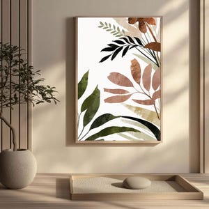Boho Leaf Abstract Painting: Modern Minimalist Living Room Art