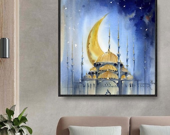 Watercolor Crescent Moon Painting: Islamic Ramadan Eid Art
