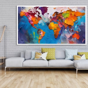 Large colorful world map wall art World map wall painting for living room decor Wooden Premium Canvas Painting image 7