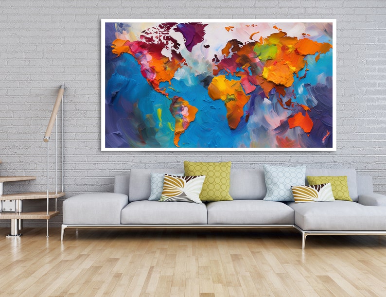 Large colorful world map wall art World map wall painting for living room decor Wooden Premium Canvas Painting image 7