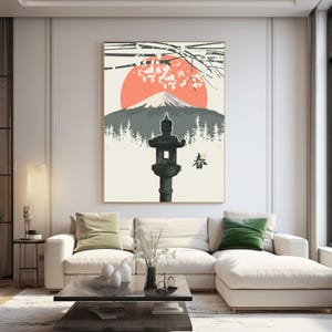 Japanese  zen wall painting, mount fuji rising sun canvas wall art, minimalist japanese  living room decor, japan landscape nature painting