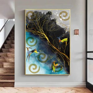 Abstract Deer Gold Tree Canvas Painting | Modern Geometric Wall Art | Luxury Black Blue Wall Decor | Wall Painting for Home & Office
