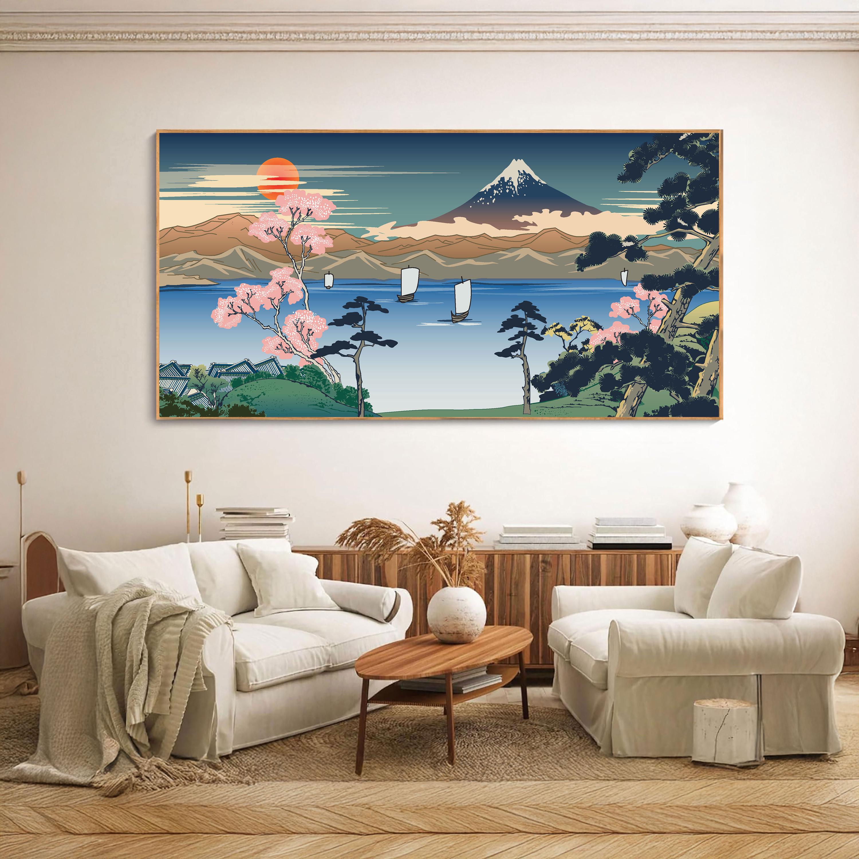 Mount Fuji Canvas Painting | Japanese Landscape Wall Art With Cherry ...