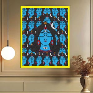 Lord Shiva Kalighat Painting, Hindu God wall art, Spiritual Mahadev meditation canvas wall painting, Traditional Lord Shiva wall decor