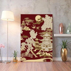 Japanese Golden Temple Wall painting , Red & Gold landscape canvas wall art, zen shinto artwork,  painting for home, office decor