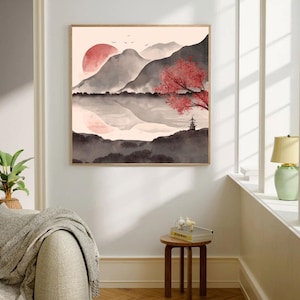 Japanese Mountain and cherry blossom Painting | Japanese cherry blossom sakura  canvas art  |Red sun sunrise painting | serene dawn painting
