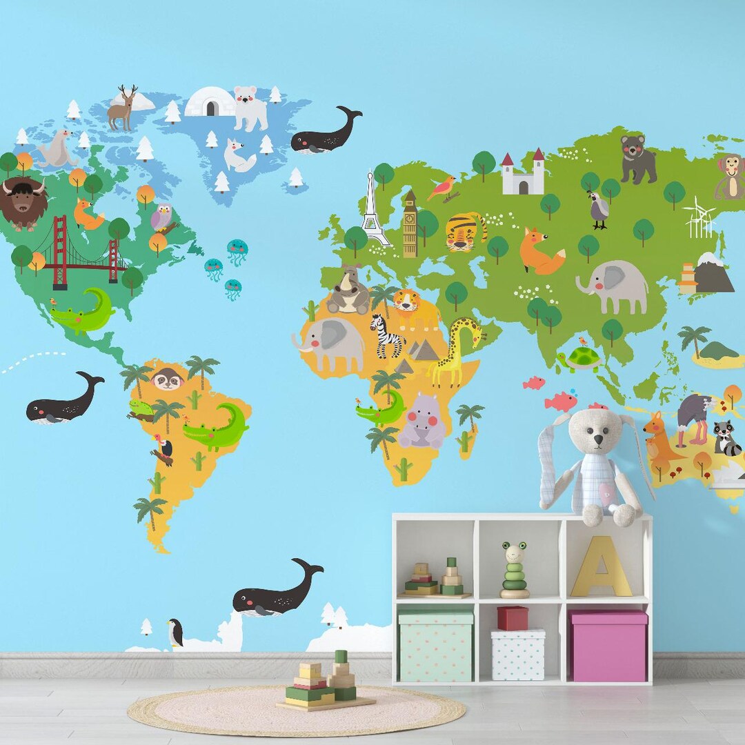 Animal World Map Wallpaper for Kids | Educational Playroom & Nursery ...